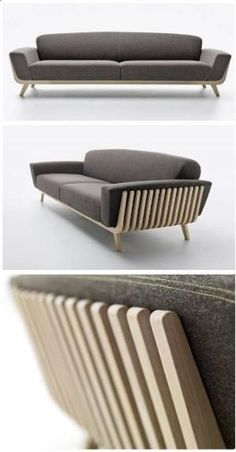 three different views of the same couch, one in grey and one in light brown