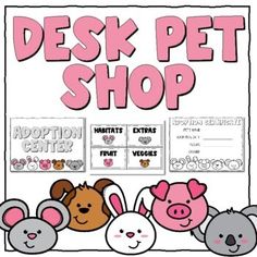 a sign that says desk pet shop with some animals in front of it and the words,