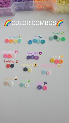 several different colors of buttons are shown in this image with the words color combos on it