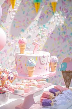 a table topped with lots of cakes and desserts