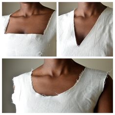 four different angles of a woman's neck and shoulders with holes in the fabric