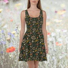 Whether you're frolicking through a field of wildflowers, or looking under rocks for bugs, this all over print skater dress is perfect everyone. Plus, it's super spinny! The soft fabric and flared skirt give it an elegant twist that brings out the intricate design with a beautiful vibrancy. * 82% polyester, 18% spandex * Fabric weight: 6.61 oz/yd² (224 g/m²) * Smooth and elastic fabric * Mid-thigh length flared skirt * Elastic waistline * Overlock seams, coverstitch hemline * Blank product compo Fairycore Floral Print Sleeveless Dress, Fitted Floral Print Fairycore Dresses, Multicolor Floral Print Cottagecore Dress, Cottagecore Multicolor Floral Print Dress, Bohemian Fitted A-line Sundress, Fitted A-line Bohemian Sundress, Fitted Bohemian A-line Sundress, Spring Fairy Grunge Dresses, Fairy Grunge Spring Dresses