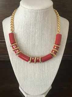 This is a vintage Goldtone and Red Enamel Link Bib Choker Necklace. It measures 17 1/2 inches in length and 1/2 inch wide. This necklace is made of Goldtone Metal with Red Enamel Sections or Links with Goldtone Stars and Braiding And Goldtone Chain with a Lobster Clasp. It is a Well-Constructed Necklace, in excellent condition. Red Handmade Enamel Necklaces, Handmade Red Enamel Necklaces, Handmade Red Enamel Necklace, Vintage Red Necklace With Lobster Clasp, Vintage Red Jewelry With Adjustable Chain, Vintage Red Chain Necklace, Pink Quartz Jewelry, Art Deco Bracelet, Prom Jewelry