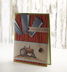 a handmade birthday card with an image of a tractor on the front and back