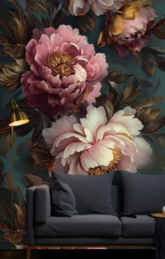 a living room with floral wallpaper and a couch in the foreground, there is a large flower mural on the wall