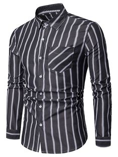 Chest Pocket Stripe Print Button Up Shirt - Black - 4U04345412 - Men's Clothing, Men's Tops & T-Shirts, Men's Shirts  #MensShirts #Men's #Clothing # #Men's #Tops #& #TShirts # #Men's #Shirts Black Slim Fit Tops With Pockets, Casual Striped Slim Fit Shirt, Black Business Shirt With Pockets, Black Shirt With Button Closure And Casual Collar, Black Fitted Shirt With Casual Collar, Black Summer Business Top, Black Summer Tops For Business, Black Casual Collar Shirt, Casual Business Tops With Buttons