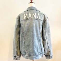 Flattering Blue Acid Wash Jean Jacket For The Mama To Be! Mama Is Embroidered Along The Back Shoulders. Size Is Small Maternity And Nwot. Blue Embroidered Relaxed Fit Outerwear, Blue Embroidered Outerwear With Relaxed Fit, Blue Letter Print Outerwear For Spring, Blue Outerwear With Letter Print For Spring, Blue Letter Print Outerwear, Acid Wash Jeans, Maternity Jeans, Back Shoulder, Acid Wash