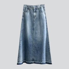 Get ready for summer in the 2023 Spring-Summer Collection with our light wash aged jean skirt! This timeless piece boasts a high-waisted design with raw hem and zipper & button closure, perfect for making a statement while staying comfortable and stylish.Why You'll Fall In Love Vintage Look: An ode to the classic fashion of the past, this jean skirt is sure to bring that vintage vibe to any outfit. Long Design: Its long length provides a charming silhouette that will add an element of sophistica High Waisted Jean Skirt, Womens Denim Skirts, Love Vintage, Vintage Vibe, Classic Fashion, Light Blue Color, Summer Festival, Jean Skirt, Vintage Jeans