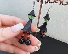 Halloween Witch Dangle Earrings, Spooky Earrings, Beaded Dangles - Etsy Beaded Dangle Earrings For Halloween, Dangle Beaded Earrings For Halloween, Handmade Spooky Dangle Jewelry, Handmade Witchy Dangle Earrings, Handmade Dangle Halloween Jewelry, Black Beaded Dangle Earrings For Halloween, Black Dangle Beaded Earrings For Halloween, Handmade Dangle Jewelry For Halloween, Adjustable Beaded Earrings For Halloween