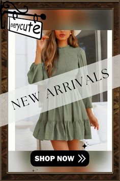 Army Green Ruffle Detail Smocked Long Sleeve Dress Spring Non-stretch Smocked Back Dress, Smocked Dress With Smocked Cuffs For Fall Vacation, Fall Vacation Smocked Dress With Smocked Cuffs, Casual Smocked Ruffle Dress, Green Casual Smocked Dress For Fall, Casual Billowy Smocked Dress With Ruffles, Fall Smocked Mini Dress With Ruffle Hem, Spring Smocked Dress With Ruffles And Billowy Fit, Fall Mini Smocked Dress With Ruffle Hem