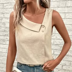 Khaki Plain Sleeveless Top Free Sewing Patterns For Women Tops Blouses, Sleeveless Tops, Women Blouses, Casual Tank Tops, Khaki Color, Clothing Size Chart, Womens Clothing Sizes, Tankini Top, Styl Vintage