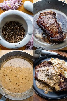 there are two pictures of steaks and gravy in the same skillet