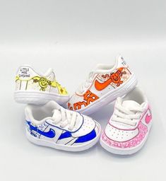 Bring joy to your little one with these super cool Nike Air Force 1 crib shoes. With bright colours and character details these are perfect for lovers of the Mr. Men series. Although there is only 4 options at the moment, I am able to do custom so if you have a Mr. Men character that you're looking for, please let me know and I will be able to create a custom for you. To make a pair extra special, I am able to paint a name on to the back of the shoe instead of 'Mr. Messy' (for example). I could Men Character, Custom Nike Air Force 1, Cool Nikes, Character Details, Custom Nike Air Force, Mr Men, Custom Nike, Leather Paint, Custom Nikes