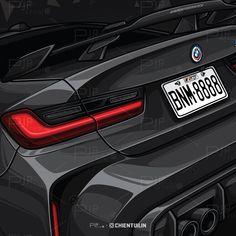 the back end of a black bmw sports car with red brake lights and license plate