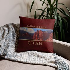 a couch with a pillow on it that says, called to serve utah