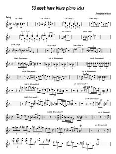 sheet music with the words 30 must have blues piano licks