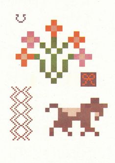 an old cross stitch pattern with a dog and flowers on it's back side