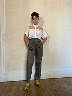 1970s Yves Saint Laurent Rive Gauche high waisted pants, khaki cotton gabardine will best fit extra small, please refer to measurements   waist 12  hips at 4 inches below waist 19,5  hips at 8 inches below waist 20,5  inseam 30,5  outseam 41,5 Retro Summer Workwear Pants, Vintage High-waisted Khaki Bottoms, Womens Trousers, Rive Gauche, Womens Pants, High Waisted Pants, Trousers Women, Yves Saint Laurent, Capri Pants