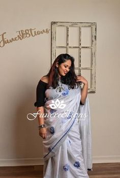 Pure Linen Sarees, Embroidered Peacock, Embroidered Elephant, Block Print Saree, Linen Sarees, Plain Saree, White Saree, Linen White, Peacock Design