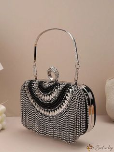 BirdinBag - Glamorous Mini Box Bag with Rhinestone and Fringe Embellishments Rhinestone Bag, Rhinestone Fringe, Mini Box, Diy Supplies, Box Bag, Mini Fashion, Square Bag, Compact Design, All Over Print