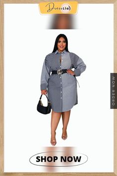 Plus Size Autumn Women Clothes Vintage Long Sleeve Lapel Collar Button Up Striped Shirt Midi Dress Striped Shirt Dress With Buttons For Work, Striped Collared Shirt Dress With Button Closure, Elegant Striped Shirt Dress With Buttons, Striped Shirt Dress With Buttons, Plus Size Autumn, Shirt Midi Dress, Clothes Vintage, Vintage Long Sleeve, Midi Shirt Dress