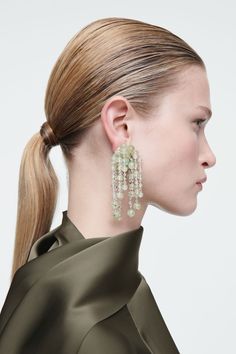 THE QUARTZ CASCADE EARRINGS Hair Pulled Back, Cascade Earrings, Belted Cape, Pulled Back Hairstyles, Ear Style, Accessories Bags Shoes, Quartz Jewelry, Women Magazines, Box Making