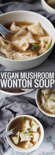 vegan mushroom wonton soup in white bowls