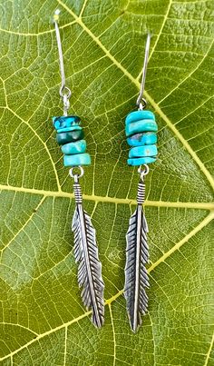 Kingman Turquoise Beads and  Sterling Silver Feather  Earrings Turquoise Bohemian Jewelry With Feathers, Bohemian Turquoise Jewelry With Feathers, Feather Earrings Silver, Sherman Oaks, Silver Feather, Kingman Turquoise, Feather Earrings, Beaded Jewelry Diy, Jewelry Diy