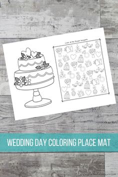 a wedding day coloring place mat on a wooden table with the words, wedding day coloring place mat