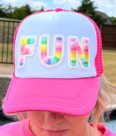 Super fun adult hat! Just in time for summer. Hat Decorating Ideas, Trucker Hat Patch, Vinyl Creations, Fun Hat, Hat Patch, Hat Patches, Kids Baseball, Hat Ideas, Dad Caps