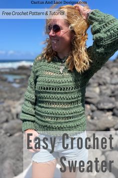 a woman wearing shorts and a sweater with text overlay that reads easy crochet sweater