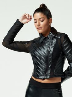 Say goodbye to sacrificing comfort and range of motion for style. The ACCELERATION ASYM MOTO MESH JACKET is designed with power mesh inserts, adjustable lace-up back, and quilted leather panels to provide unrestricted mobility and all-day comfort, while the side zip pockets, zipper on cuffs and pockets, and breathable power mesh allow for chic practicality. Experience a perfect harmony of luxury and comfort. FEATURES & BENEFITS Adjustable Lace-Up Back Side Zip Pockets Power Mesh Inserts For Rang Cropped Moto Jacket, Mesh Jacket, Climate Control, Leather Moto, Range Of Motion, Quilted Leather, Moto Jacket, Elegant Fashion, Real Leather