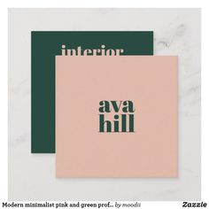 two cards with the words interior and ava hill printed on them in green and pink