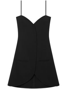 black crepe texture spaghetti straps sweetheart neck A-line skirt two front jetted pockets V-back curved hem concealed rear zip fastening Courreges Dress, Andre Courreges, Versace Outfit, City Dress, A Line Dresses, Summer Beach Wear, Sweetheart Neck, Sleeveless Mini Dress, Pocket Dress