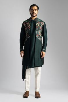 Emerald green long front-open naru jacket with multi-colored thread embroidery. Comes with ream pant and a  kurta. - Aza Fashions Spring Green Bandhgala With Resham Embroidery, Fitted Green Sherwani For Spring, Green Nehru Jacket With Intricate Embroidery For Designer Wear, Green Bandhgala With Zari Work For Spring, Spring Green Embroidered Sherwani, Designer Fitted Green Outerwear, Fitted Green Bandhgala With Floral Embroidery, Spring Embroidered Green Sherwani, Spring Green Nehru Jacket With Zari Work