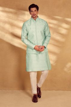 Pista bundi with floral embroidered motifs, mirrorwork and welt pockets. Comes with kurta and pant. - Aza Fashions Embroidered Motifs, Nehru Jackets, Kurta Set, Pants Pattern, Embroidered Silk, Mandarin Collar, Aza Fashion, Welt Pockets, Pure Silk