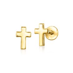 Ross-Simons - 14kt Yellow Gold Cross Flat-Back Stud Earrings. RS Pure. Modern designs that complete your outfit and complement your personality. Keep faith in your fashion with our dainty cross stud earrings. Crafted in 14kt yellow gold, this simple pushpin style features a flat back that won't poke or jab while you're taking a quick nap or getting a full night of beauty sleep. Insert the backing first into a pierced ear, then slide the front post inside to secure. Designed for 24/7 wear, these Easy Earrings, Cross Stud Earrings, Hogwarts Dr, Pierced Ear, Cross Earrings Studs, Makeup Clothes, Beauty Sleep, Fine Jewelery, Jewelry Essentials