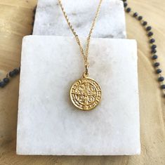 St. Benedict Medal — telos art + design Dainty 14k Gold Filled Medallion Jewelry, Dainty 14k Gold-filled Medallion Jewelry, Spiritual 14k Gold-filled Yellow Gold Charm Necklace, Spiritual 14k Gold Filled Yellow Gold Charm Necklaces, 14k Gold Filled Medallion Jewelry, 14k Gold-filled Medallion Jewelry, 14k Gold-filled Yellow Gold Coin Necklace, Spiritual Everyday Gold Jewelry, Yellow Gold Medallion Charm Necklaces