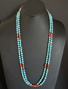 Native American Sterling Silver Multi Strand Turquoise Coral Bead Necklace 34" Traditional Turquoise Single Strand Necklace With Round Beads, Traditional Turquoise Single Strand Beaded Necklaces, Traditional Turquoise Single Strand Beaded Necklace, Turquoise Long Hand-strung Beaded Necklaces, Artisan Turquoise Double Strand Beaded Necklace, Turquoise Long Necklace With Round Natural Stones, Long Turquoise Necklace With Faceted Beads, Turquoise Long Necklace With Faceted Beads, Blue Single Strand Turquoise Necklace