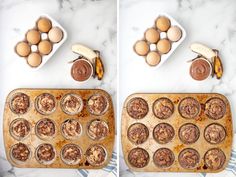 two pictures showing the process of making banana nut muffins with chocolate frosting