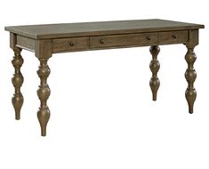 a wooden table with two drawers on one end and three legs on the other side