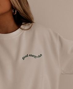 Good Energy Club Sweatshirt Easy 30 day return policy Simplistic Shirt Design, T-shirt Simple Design, Cute Simple Crewneck, Back Of Crewneck Design, Simplistic Sweatshirt Design, Simple Hoodies Designs, Hoodie With Quote On Back, Simple Tee Shirt Design, Comfy Outfits Quotes