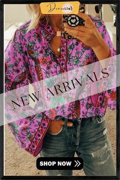 Fashion Casual Floral Print Blouse Spring Vacation Long Sleeve Blouse, Summer Party Printed Blouse, Purple Fall Tops For Vacation, Purple Tops For Fall Vacation, Casual Purple Tops For Fall Vacation, Casual Printed Blouse For Party, Printed Blouse For Fall Vacation, Spring Vacation Purple Blouse, Purple Printed Summer Blouse