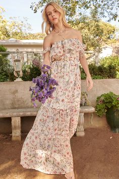 My Always Ruffled Off-Shoulder Floral Maxi Dress - ShopPromesa Floral Print Chiffon Maxi Dress, Floral Print Chiffon, Flounced Dress, Chiffon Maxi, Chiffon Maxi Dress, Cream Dress, Print Chiffon, Floral Maxi, Low Back