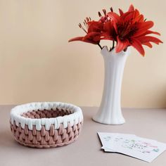 a white vase with red flowers in it next to a pink and white knitted bowl