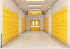 an empty hallway with yellow lockers and signs on the walls, in front of a white ceiling