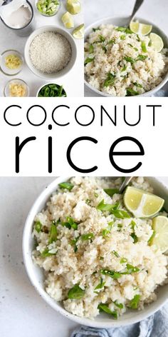 coconut rice in a bowl with limes and seasonings