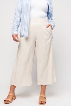 Grey Pant Holley Girl Casual Wide-leg Pants With Wide Waistband, Casual Trousers With Wide Waistband, Cotton Bottoms With Wide Waistband In Relaxed Fit, Cotton Bottoms With Wide Waistband And Relaxed Fit, Beige Cropped Leg Bottoms With Pockets, Casual Beige Cropped Wide Leg Pants, Beige High Waist Bottoms, High Waist Stretch Linen Bottoms, High Waisted Stretch Linen Bottoms