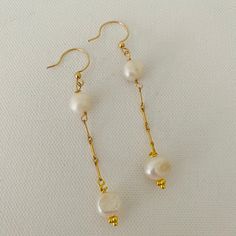 Gold, Dangle, Pearl, Long, Elegant, Earrings Elegant Gold Earrings With Simple Design, Elegant Simple Design Gold Earrings, Elegant Simple Gold Earrings, Delicate Gold Linear Earrings With Pearl Drop, Minimalist Pearl Drop Threader Earrings, Minimalist Gold-plated Dangle Pearl Earrings, Minimalist Gold Plated Dangle Pearl Earrings, Elegant Gold Pearl Linear Earrings, Minimalist Gold Pearl Threader Earrings