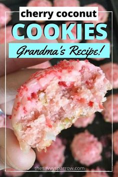 These easy cherry coconut cookies AKA snowball cookies are my grandmother’s recipe from way back when.  Make this easy homemade cookie recipe for Christmas, Valentine’s Day, or just because it’s Tuesday… because who really needs an excuse to eat the best cherry cookies?  Made with maraschino cherry, pecans, and coconut.  So yummy! Cherry Macaroon Cookies, Coconut Cherry Cookies, Cherry Nut Cookies, Cherry Winks Cookies Holidays, Christmas Coconut Cookies, Italian Cherry Cookies Recipes, Coconut Christmas Cookies, Maraschino Cherry Recipes, Cherry Winks Cookie Recipe